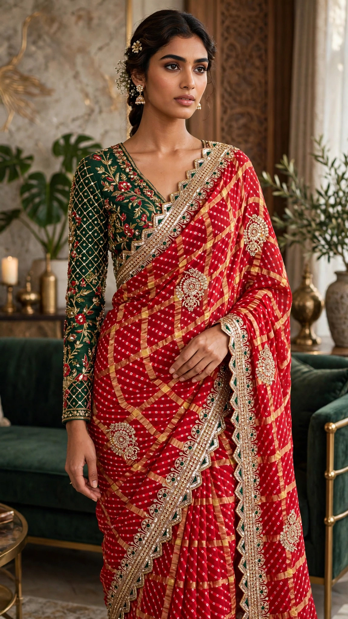 Regal Emerald & Vermilion Bandhani Silk Saree β Available in Classic Red & Festive Deep Green - Image 3
