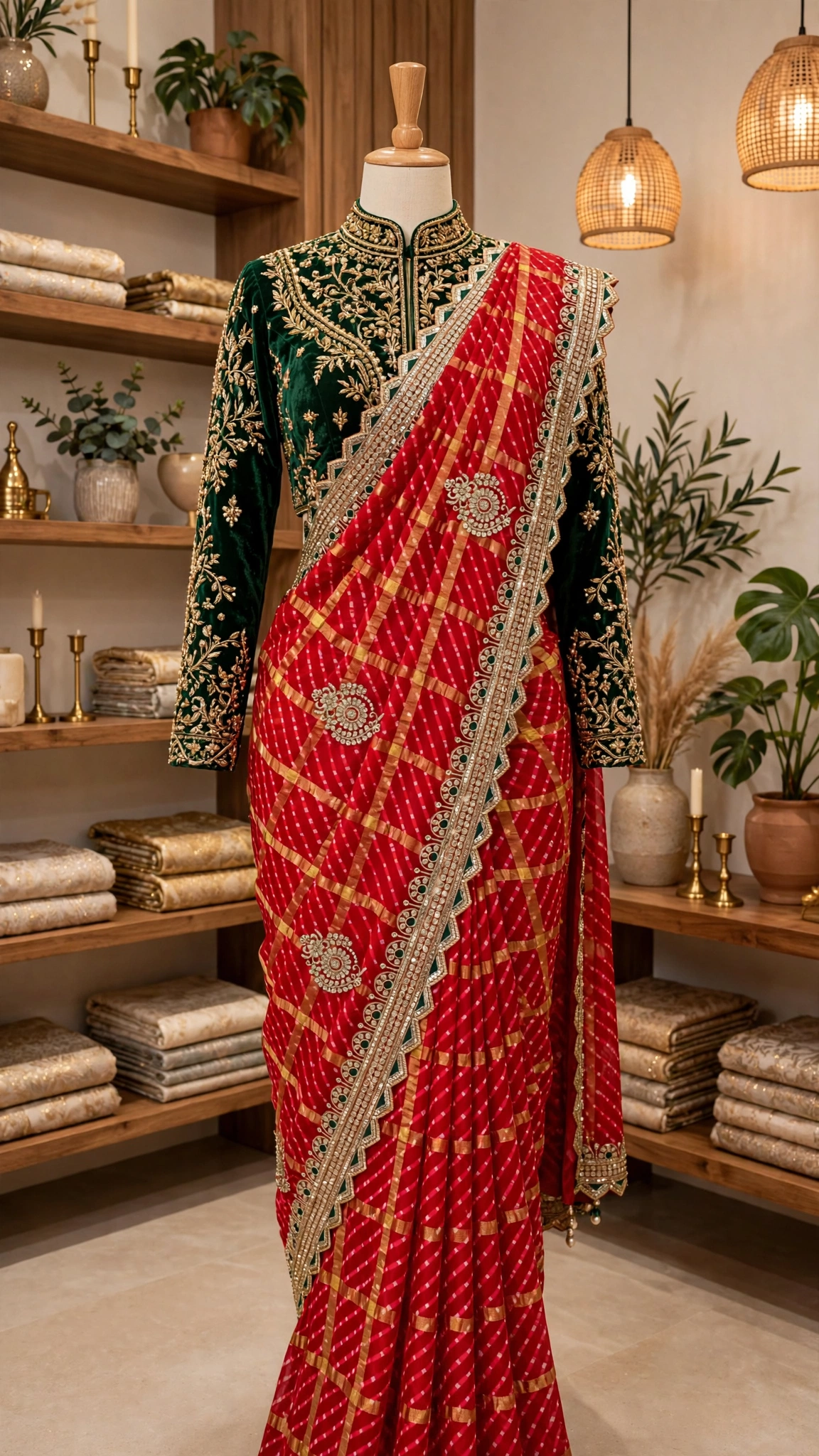 Regal Emerald & Vermilion Bandhani Silk Saree β Available in Classic Red & Festive Deep Green - Image 4