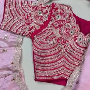Royal Ruby and Pastel Pink Hand-Embroidered Saree Ensemble – Available in Deep Crimson & Blush Rose