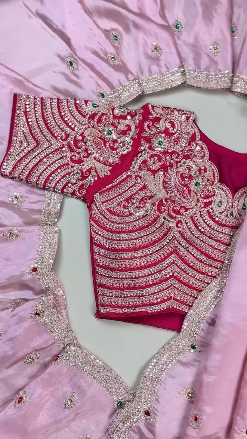 Royal Ruby and Pastel Pink Hand-Embroidered Saree Ensemble β Available in Deep Crimson & Blush Rose