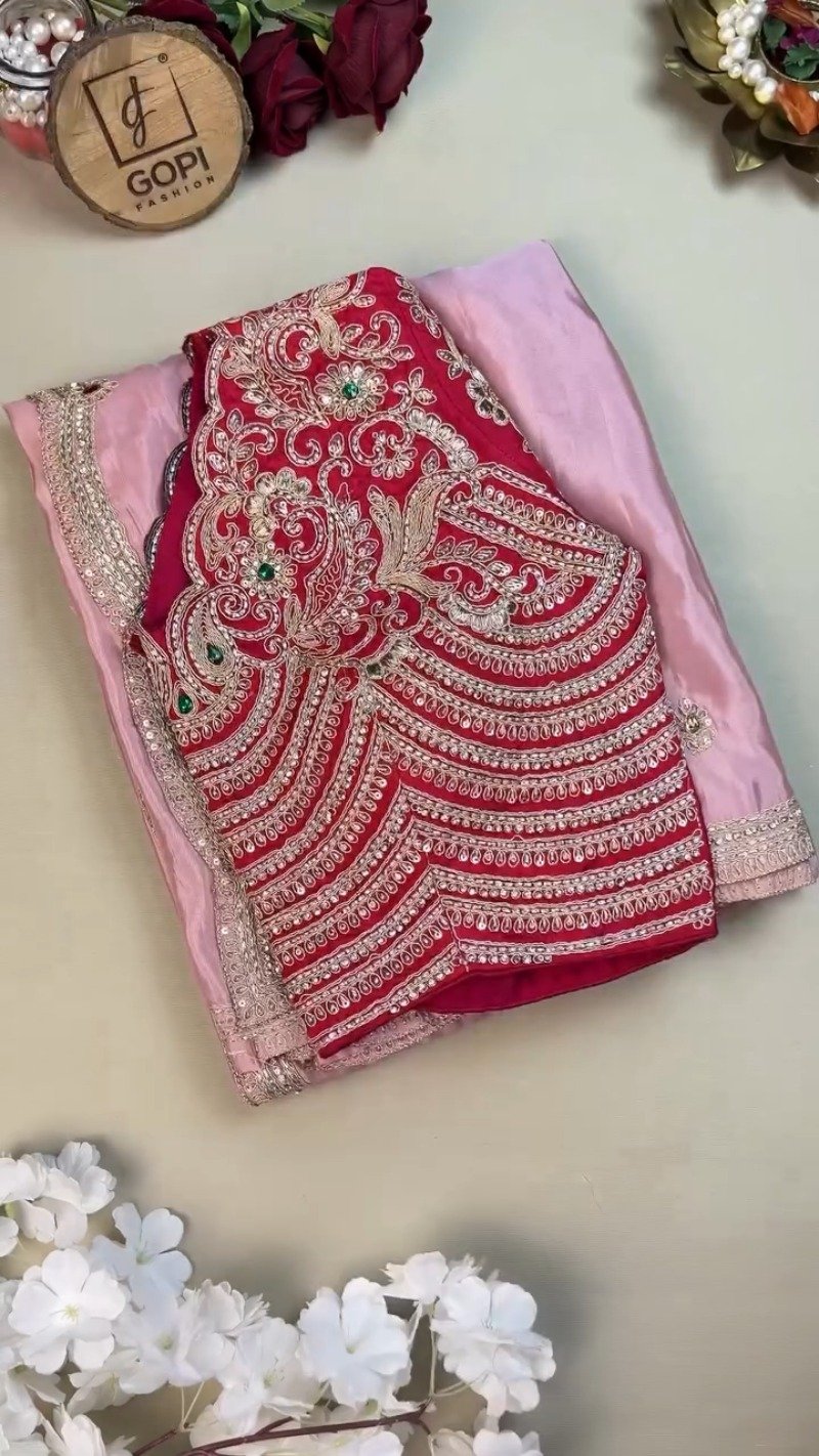 Royal Ruby and Pastel Pink Hand-Embroidered Saree Ensemble β Available in Deep Crimson & Blush Rose - Image 2