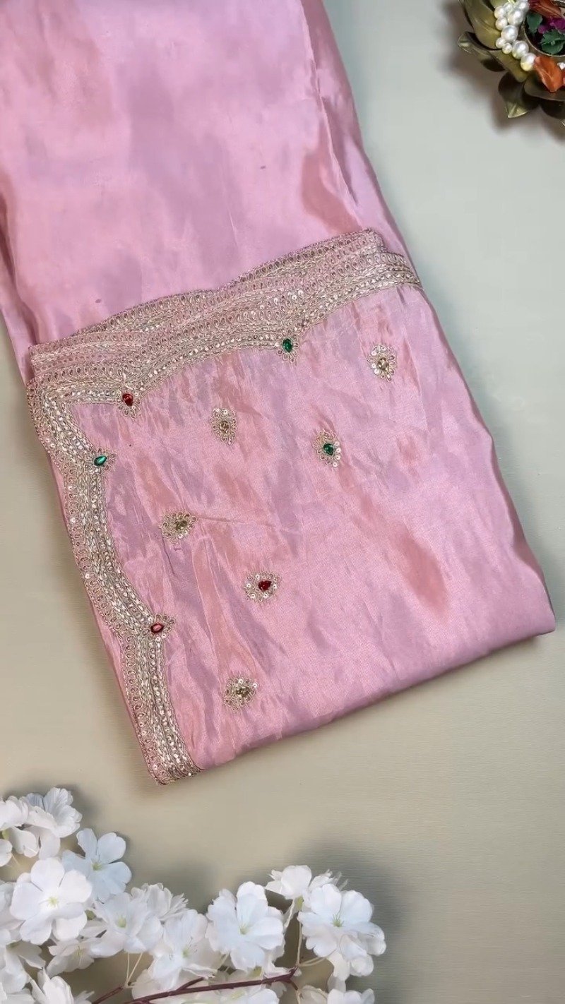 Royal Ruby and Pastel Pink Hand-Embroidered Saree Ensemble β Available in Deep Crimson & Blush Rose - Image 3
