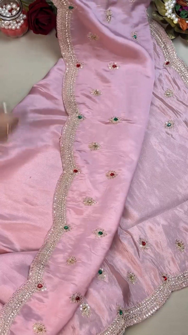 Royal Ruby and Pastel Pink Hand-Embroidered Saree Ensemble β Available in Deep Crimson & Blush Rose - Image 4