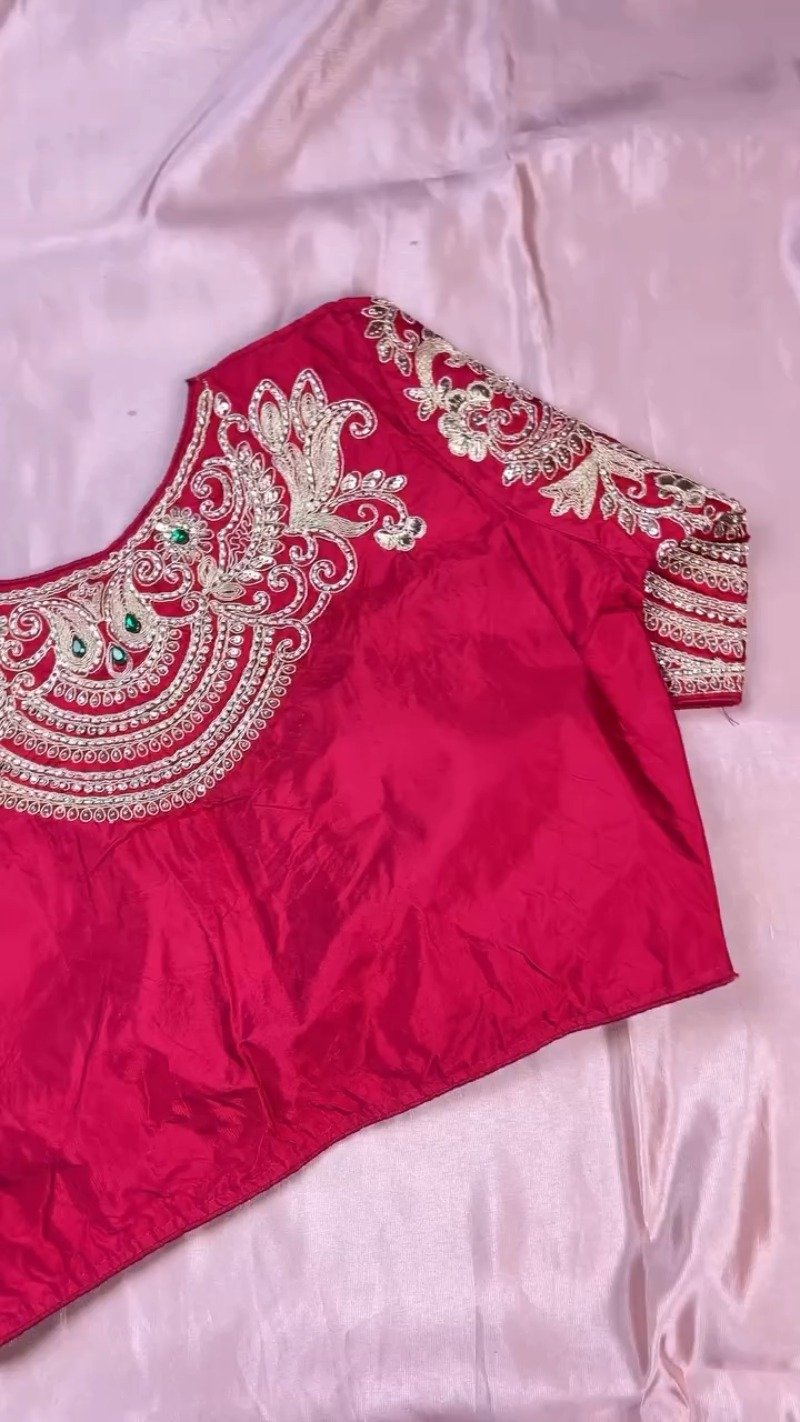 Royal Ruby and Pastel Pink Hand-Embroidered Saree Ensemble β Available in Deep Crimson & Blush Rose - Image 5