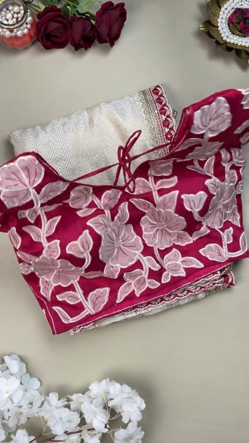 Ivory Chevron Pattern Saree with Embellished Deep Magenta Blouse β Elegant Festive Drape - Image 3