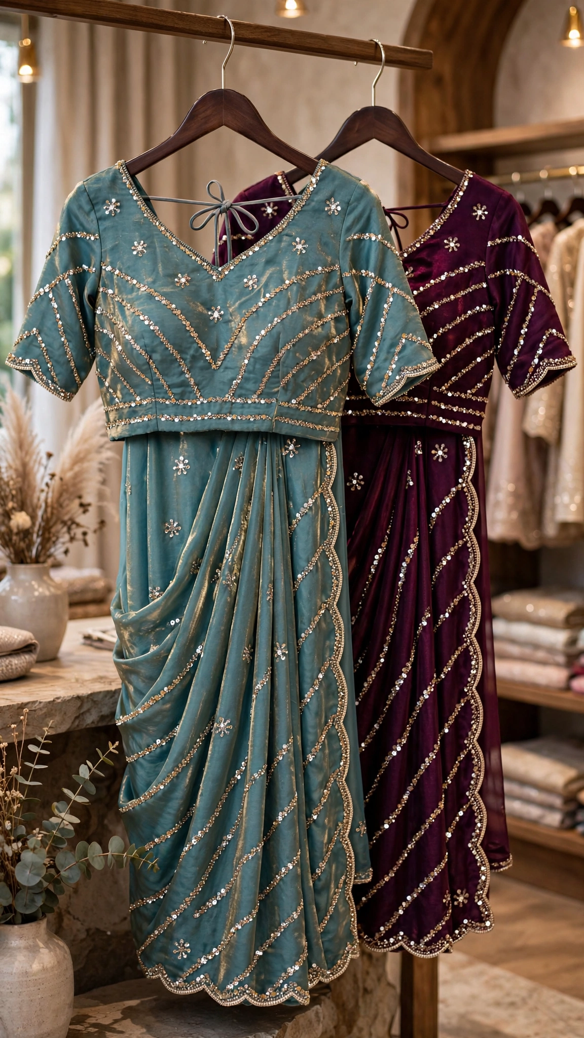 Glimmering Sequin & Embroidered Saree Ensemble โ Available in Teal Blue & Royal Burgundy - Image 4