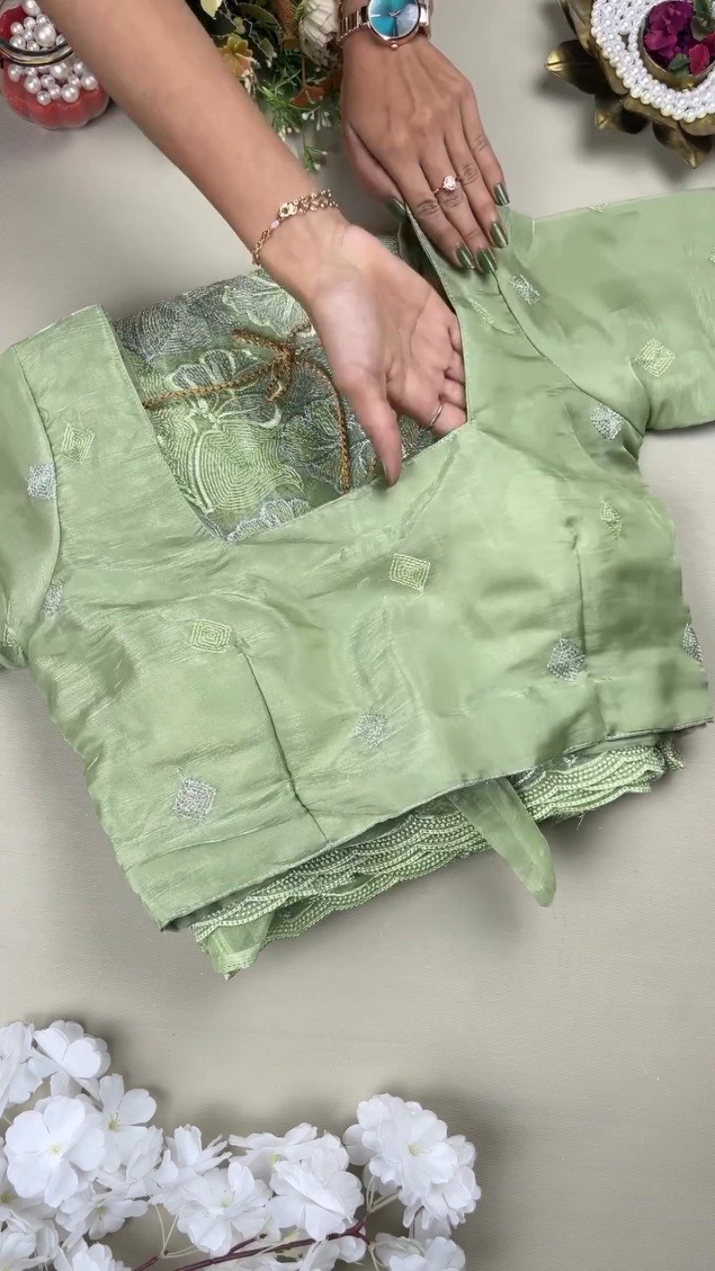 Ethereal Sage Green Embroidered Chanderi Saree with Tie-Back Blouse - Image 2