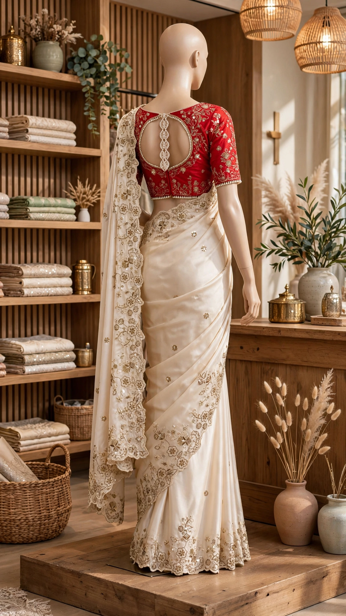 Ivory Elegance Floral Embellished Saree with Red Heritage Blouse - Image 2