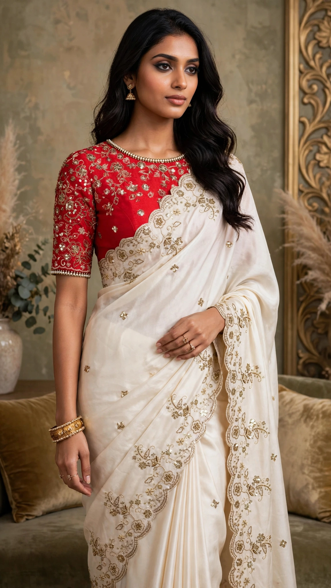 Ivory Elegance Floral Embellished Saree with Red Heritage Blouse - Image 3