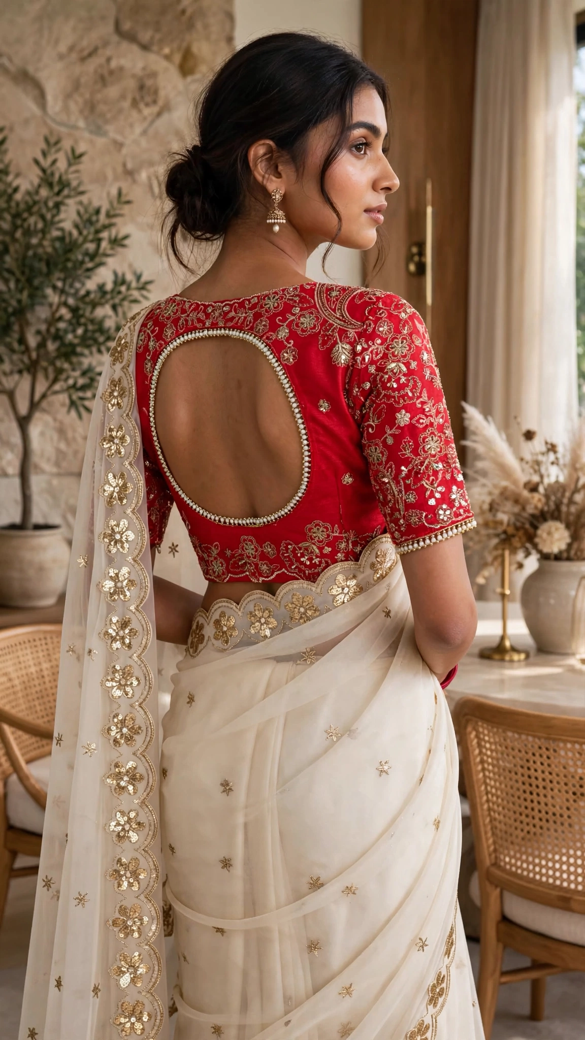 Ivory Elegance Floral Embellished Saree with Red Heritage Blouse - Image 4