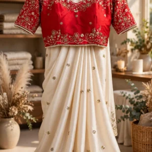 Ivory Elegance Floral Embellished Saree with Red Heritage Blouse