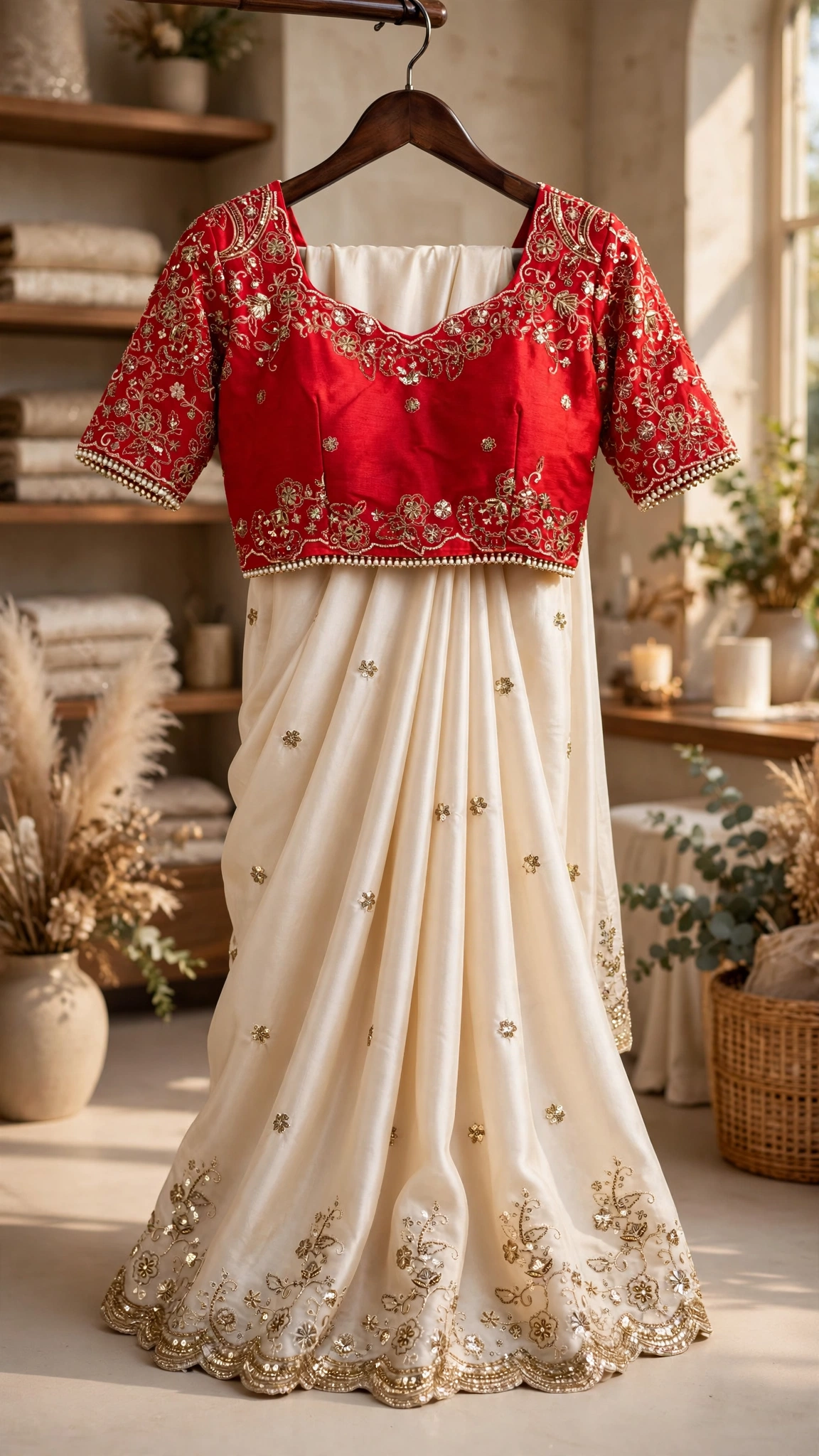 Ivory Elegance Floral Embellished Saree with Red Heritage Blouse