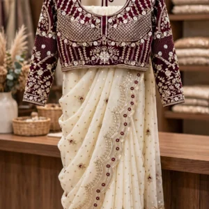 Ivory Embellished Organza Saree with Embroidered Velvet Blouse – Festive Elegance Collection