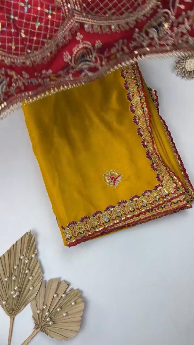Sunshine Radiance Embroidered Saree with Heavily Embellished Blouse โ Available in Radiant Yellow & Deep Red