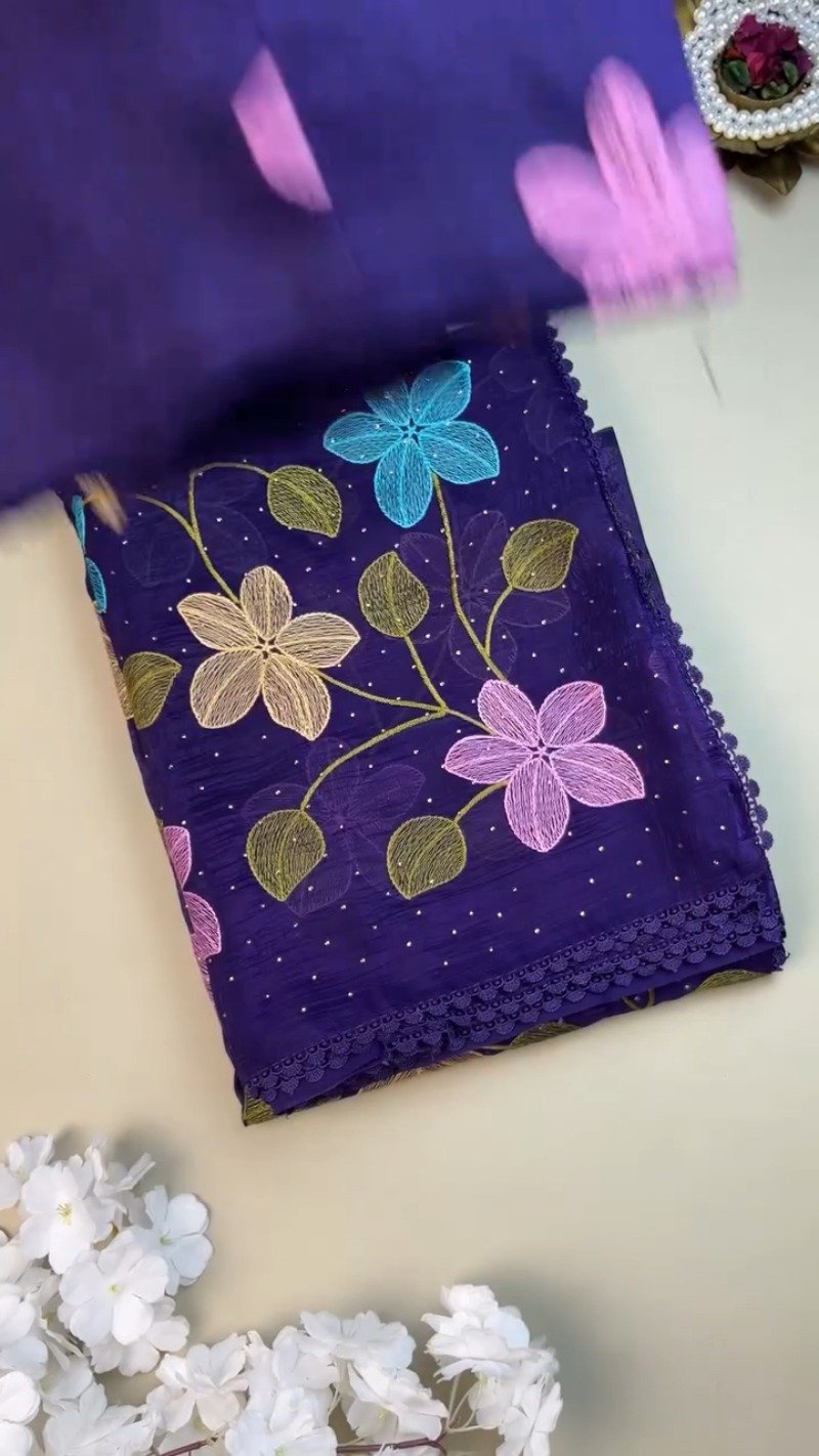 Royal Indigo Embroidered Floral Chiffon Saree with Matching Blouse - Image 2