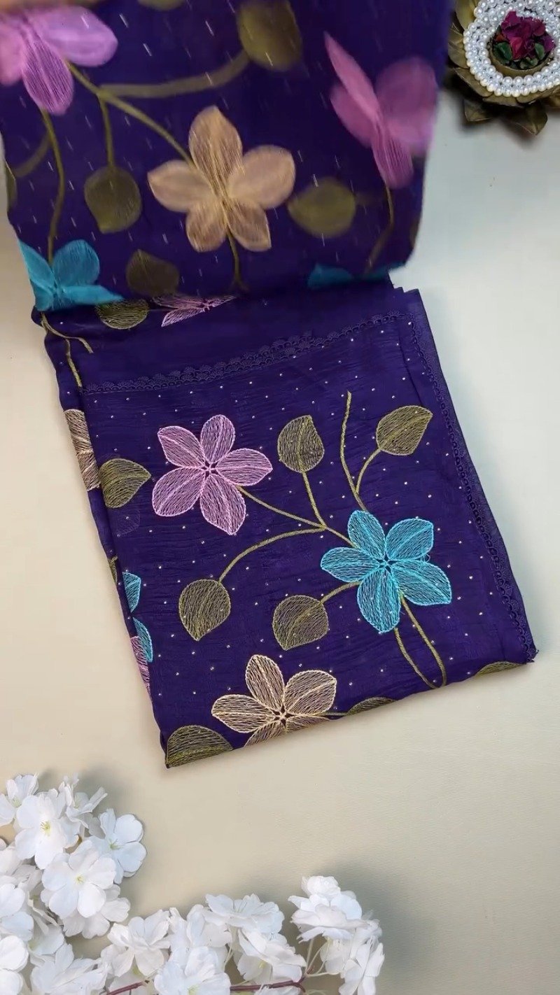 Royal Indigo Embroidered Floral Chiffon Saree with Matching Blouse - Image 4