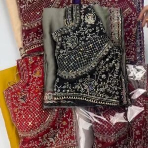 Royal Velvet Embroidered Saree Ensemble – Available in Midnight Blue, Crimson Red, Charcoal Grey, Mustard Yellow, and Champagne Beige