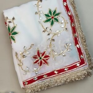 Opulent White Gota Patti Embellished Organza Saree – Available in Emerald Green & Ruby Red Floral Accents