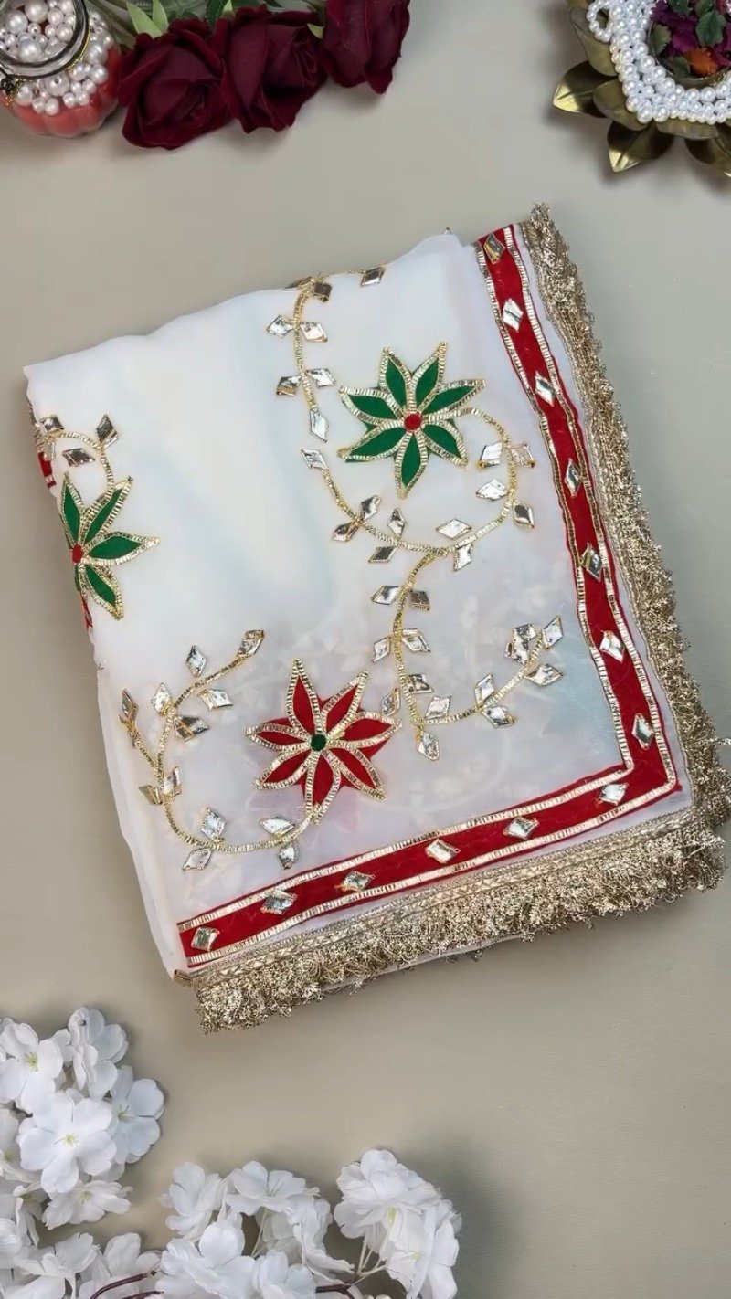 Opulent White Gota Patti Embellished Organza Saree โ Available in Emerald Green & Ruby Red Floral Accents