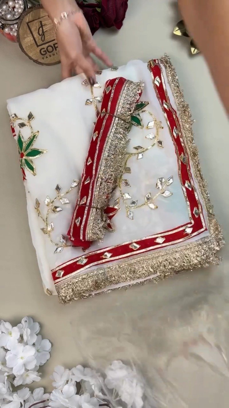 Opulent White Gota Patti Embellished Organza Saree โ Available in Emerald Green & Ruby Red Floral Accents - Image 2