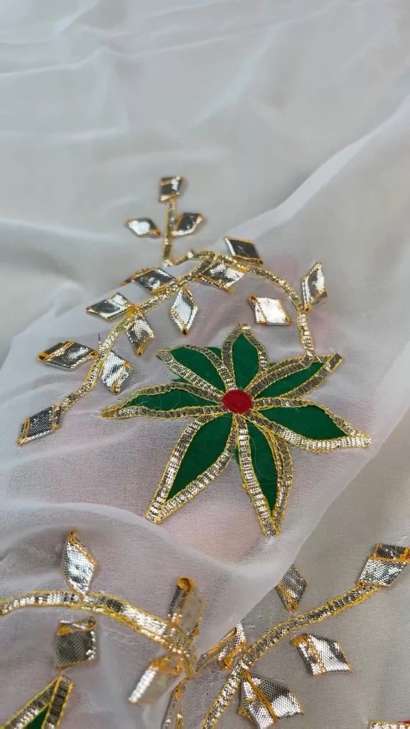 Opulent White Gota Patti Embellished Organza Saree โ Available in Emerald Green & Ruby Red Floral Accents - Image 3