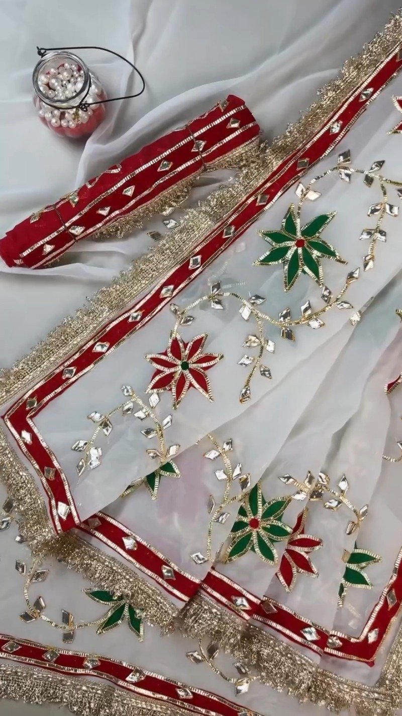 Opulent White Gota Patti Embellished Organza Saree โ Available in Emerald Green & Ruby Red Floral Accents - Image 5