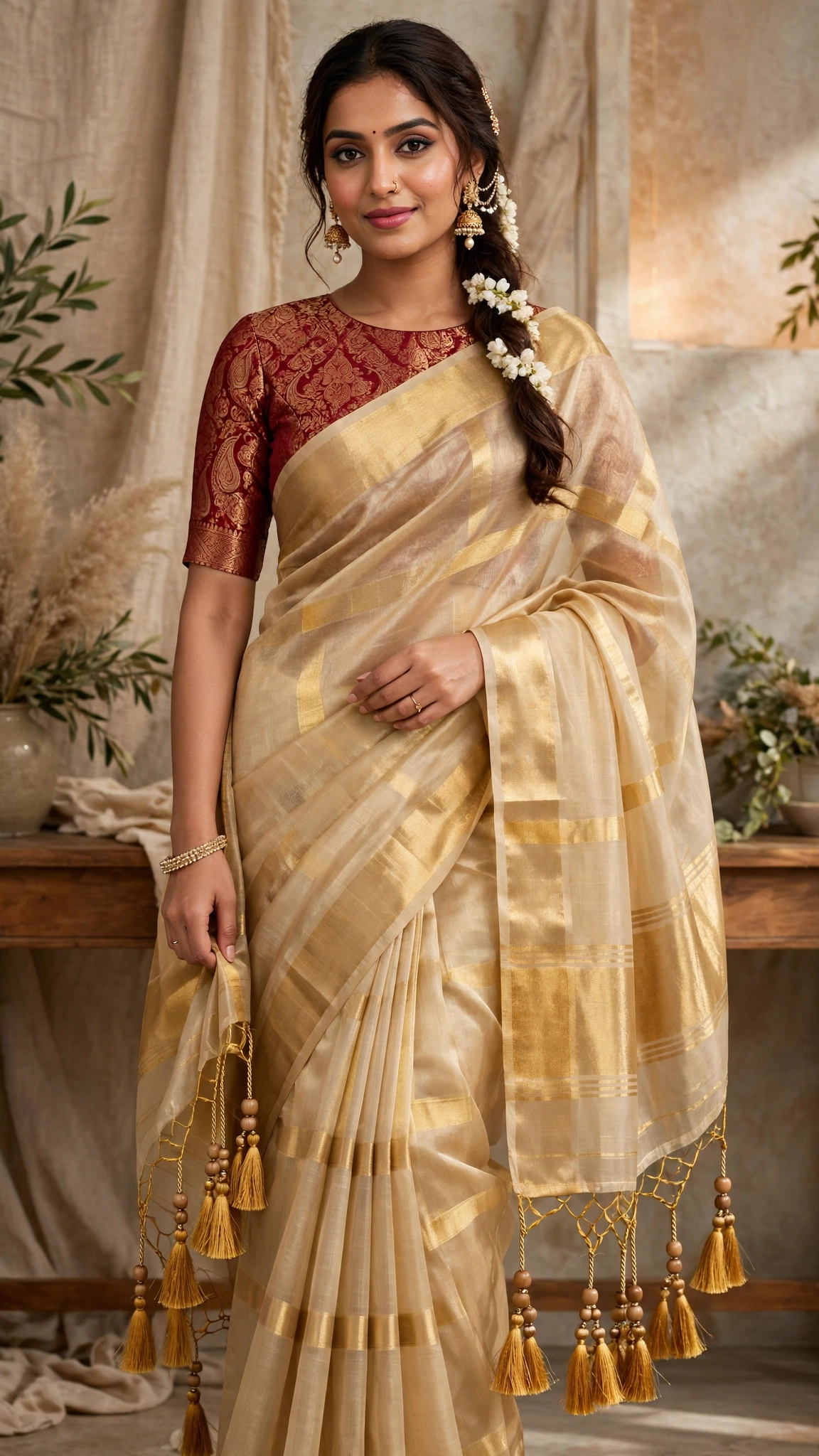 Gilded Grace Silk Saree with Maroon Brocade Blouse β A Traditional Masterpiece - Image 3
