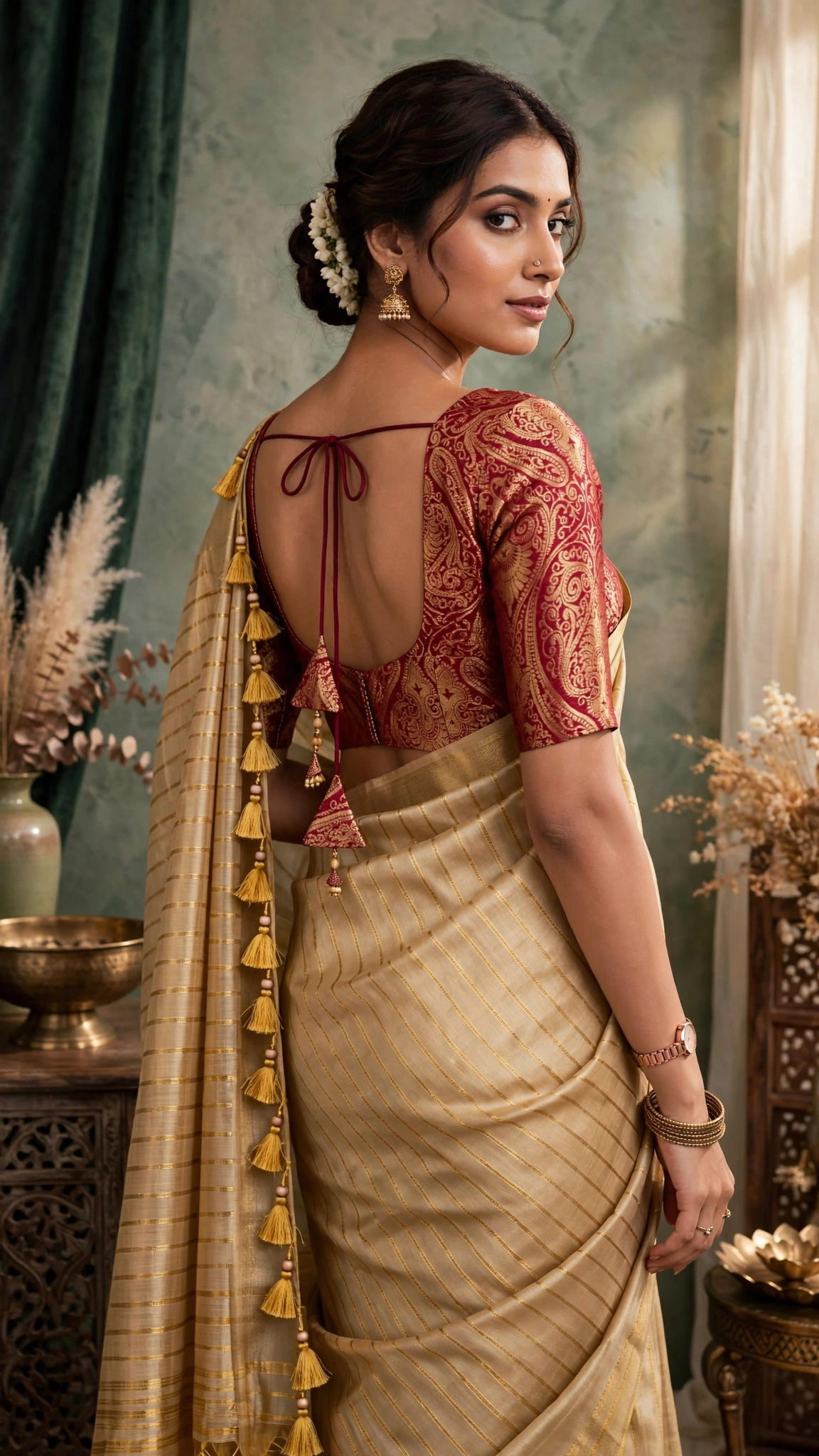 Gilded Grace Silk Saree with Maroon Brocade Blouse β A Traditional Masterpiece - Image 4