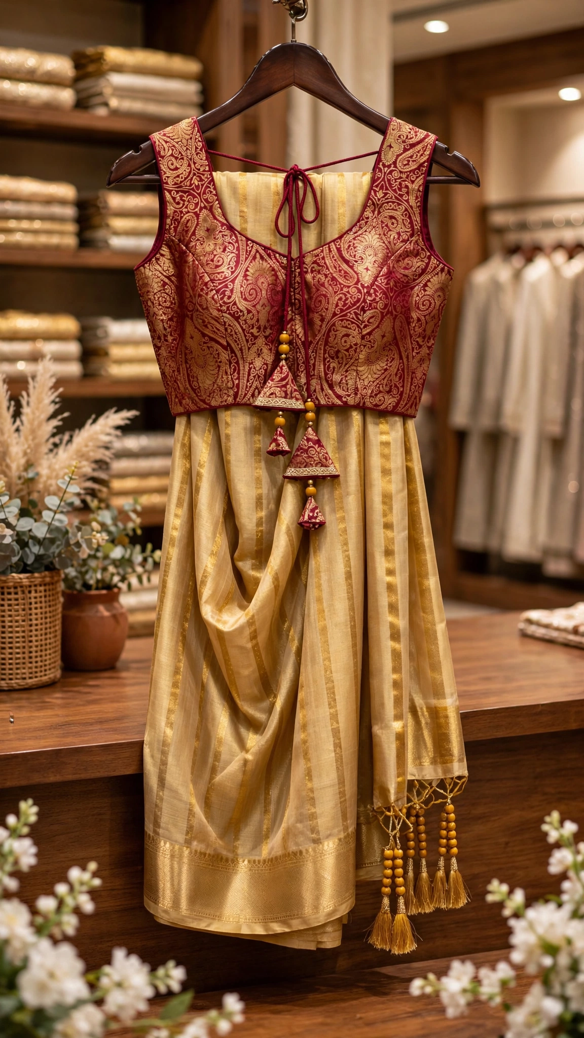 Gilded Grace Silk Saree with Maroon Brocade Blouse β A Traditional Masterpiece