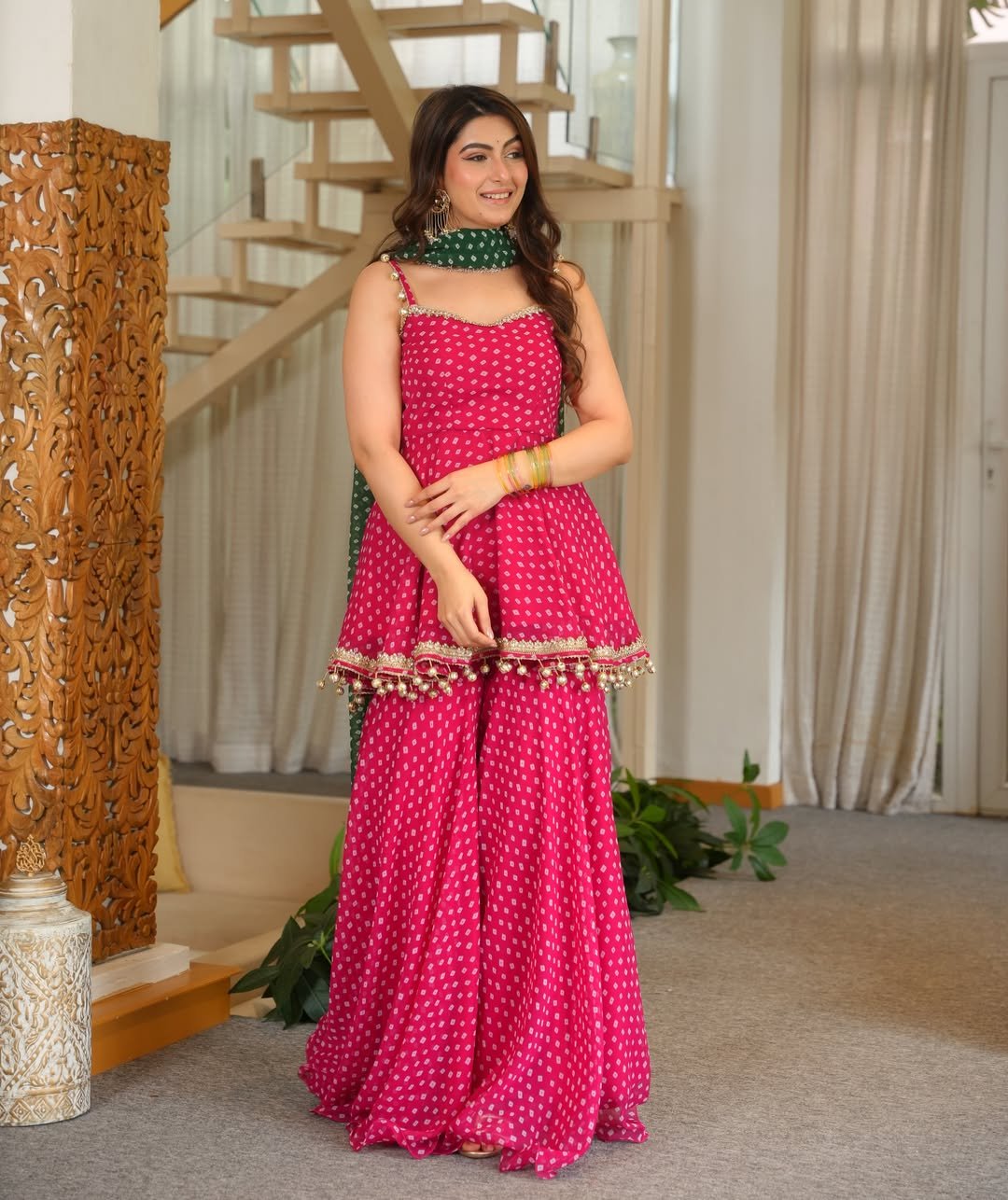 Premium Pink Bandhani Print Peplum Sharara Set with Green Dupatta - Image 8