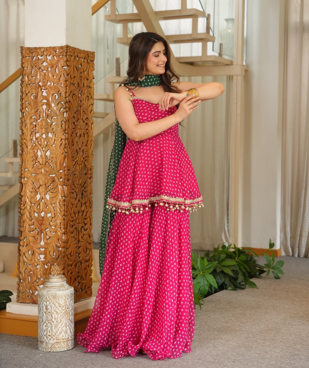 Premium Pink Bandhani Print Peplum Sharara Set with Green Dupatta - Image 6