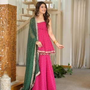 Premium Pink Bandhani Print Peplum Sharara Set with Green Dupatta
