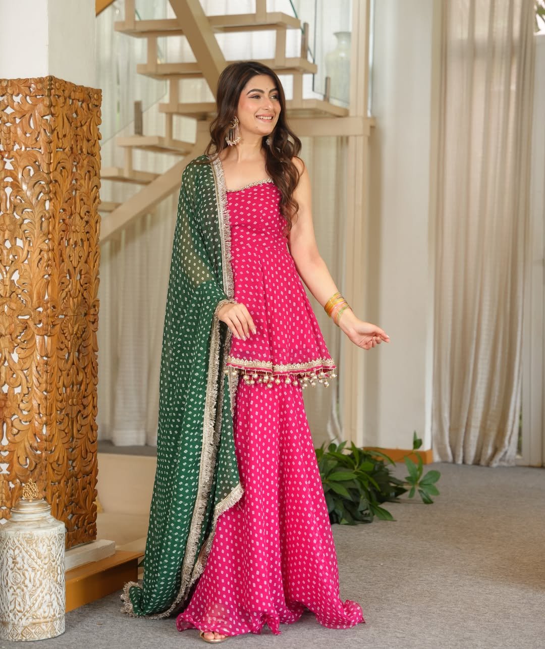 Premium Pink Bandhani Print Peplum Sharara Set with Green Dupatta