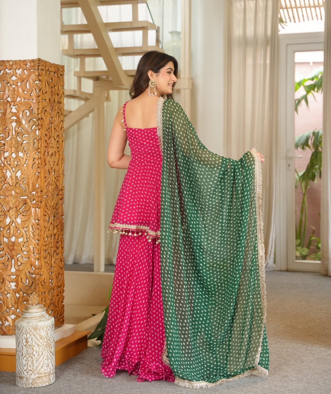 Premium Pink Bandhani Print Peplum Sharara Set with Green Dupatta - Image 4