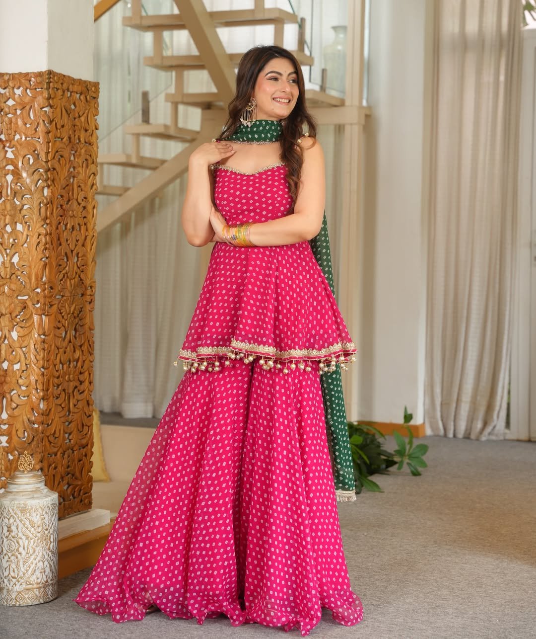 Premium Pink Bandhani Print Peplum Sharara Set with Green Dupatta - Image 3